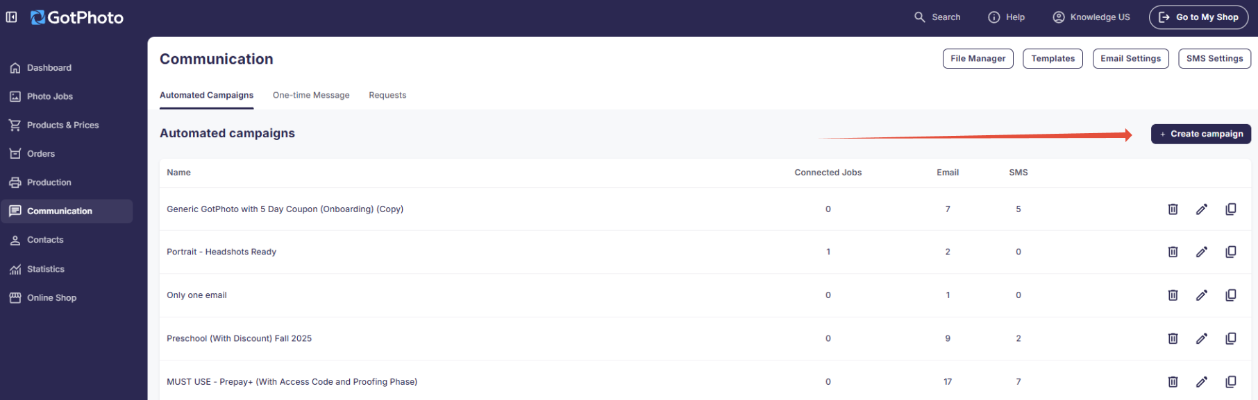 Create Profile button in upper-right corner