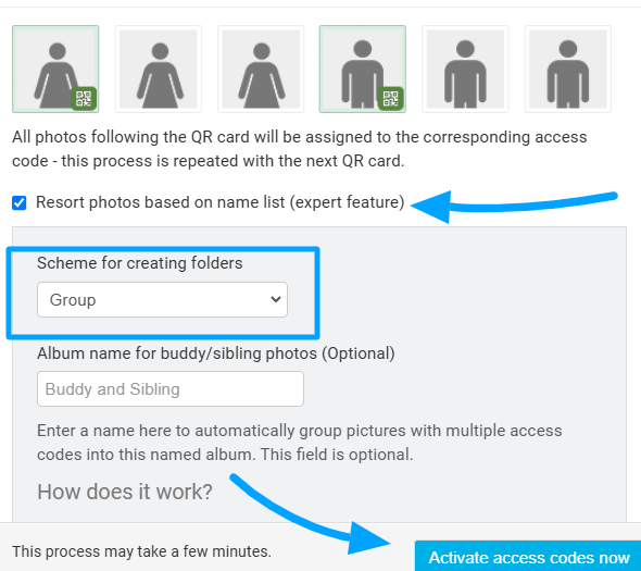 Access code setup screen with options for name list sorting, folder grouping, and a button to activate access codes.
