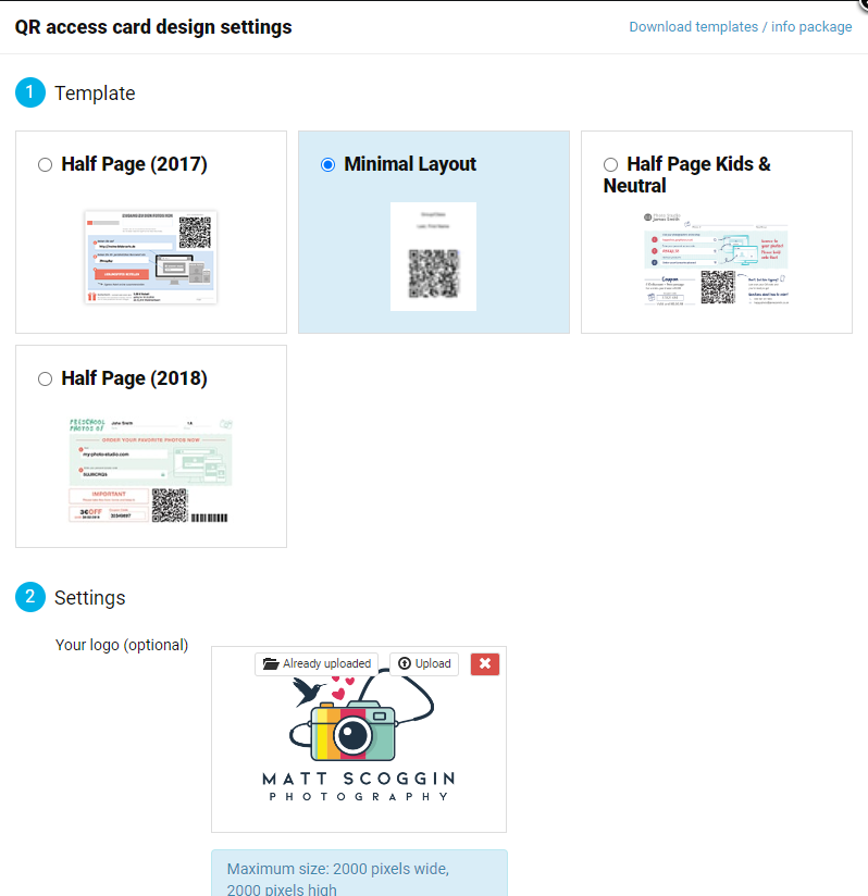 Minimal QR card layout settings