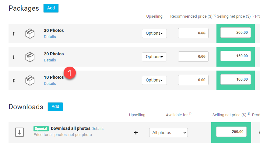 Example packages with 10, 20, and 30 downloads for upsell
