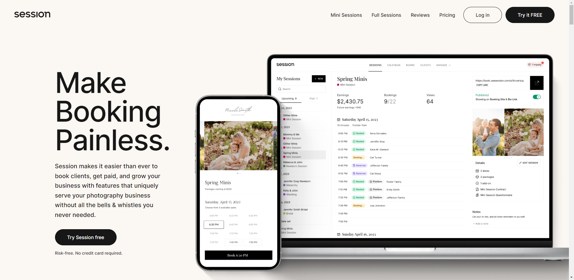 Session booking platform branding and interface preview