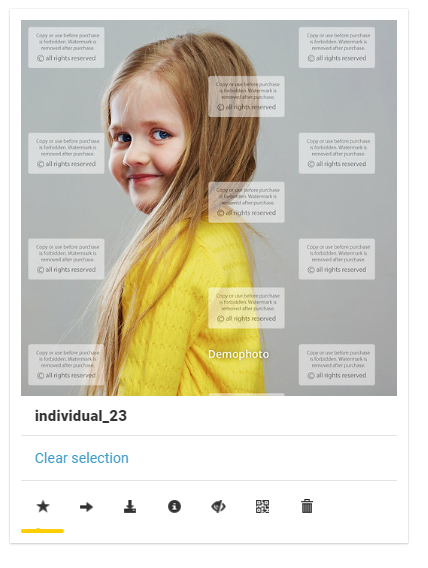 Portrait of a young girl in a yellow sweater, overlaid with watermarks, on a photo selection page.