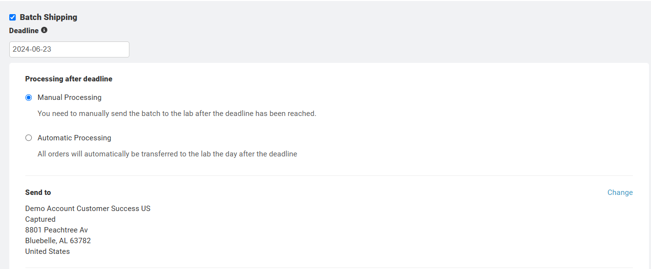 Batch shipping setup with manual processing selected and deadline.