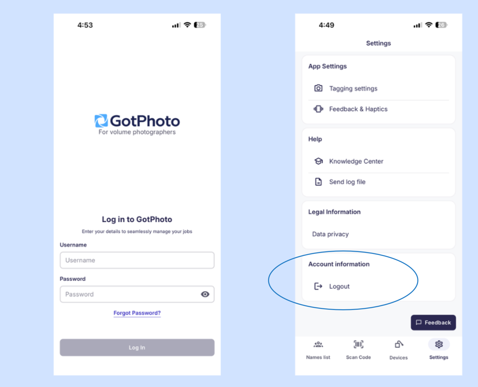 Settings tab showing account information, legal links, and other app options