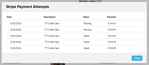 Payment attempts window showing status and details button