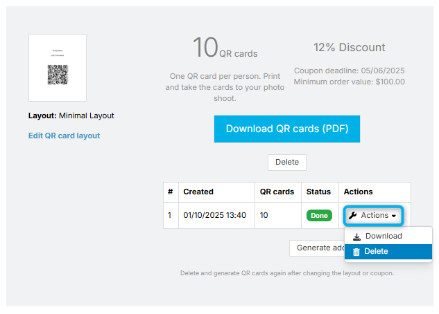 Delete option for QR cards batch.