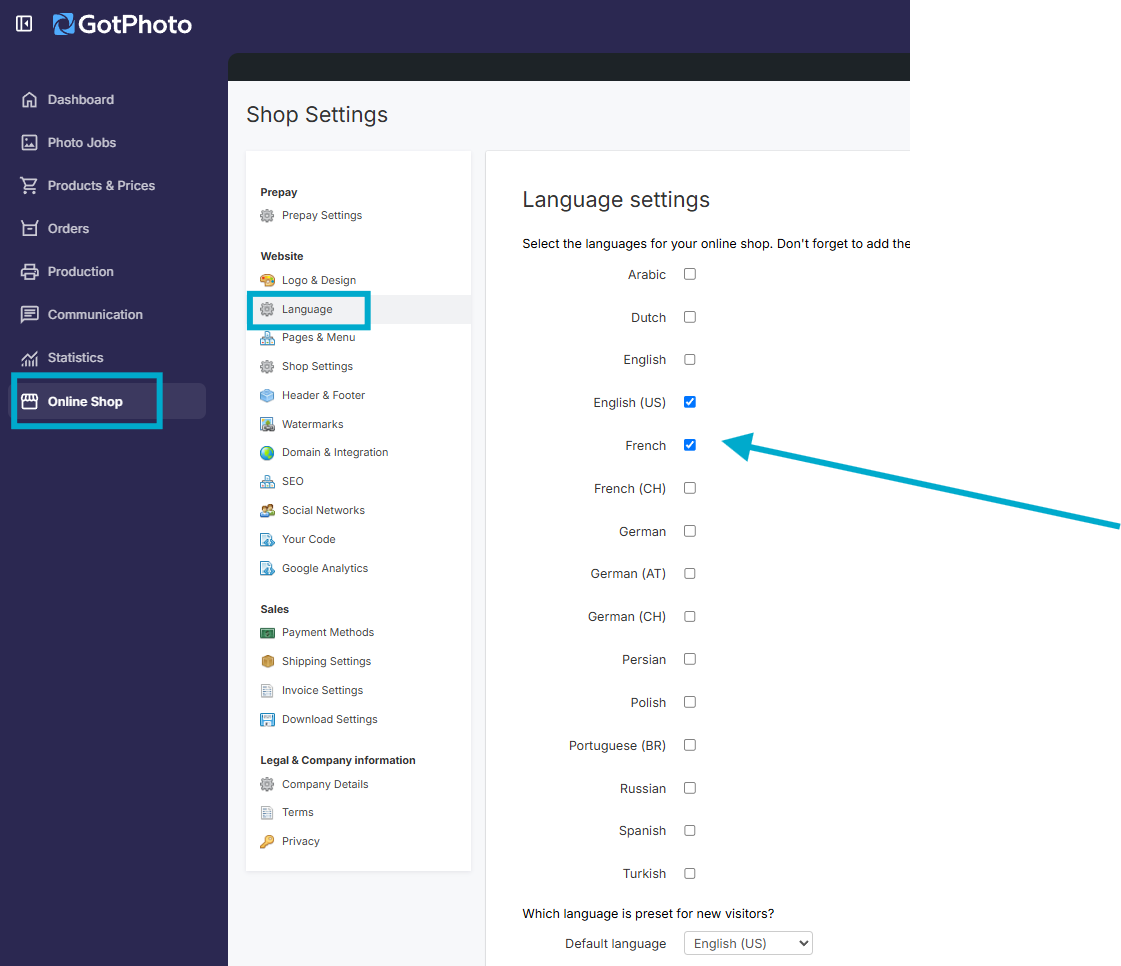 Language settings with French enabled