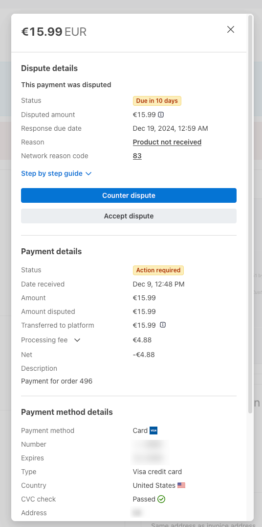 Stripe dispute action options