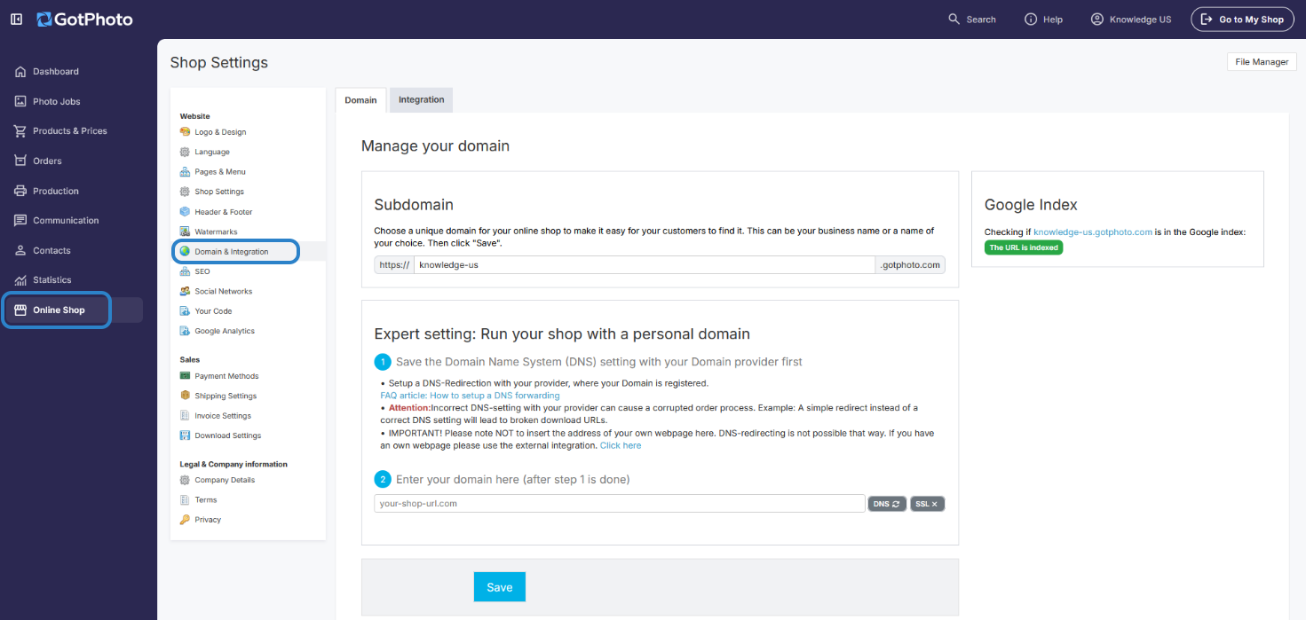 GotPhoto — Domain & Integration page in sidebar