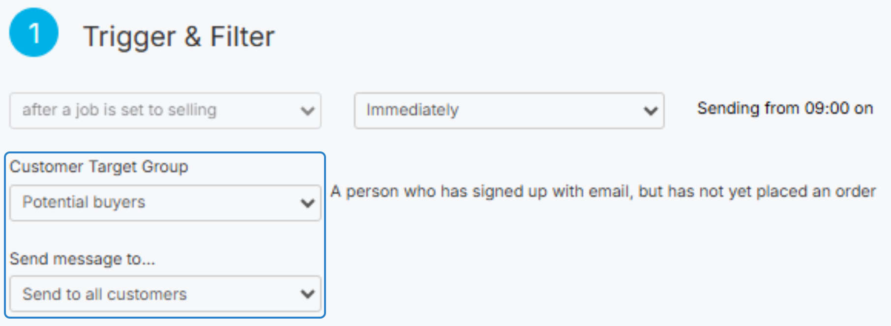 Screenshot showing how to configure the triggers and filters so that the target group is potential buyers, and the message is sent to all customers. 