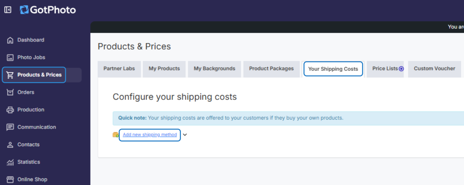 My products page showing the Your Shipping Costs tab and how to add new shipping method.