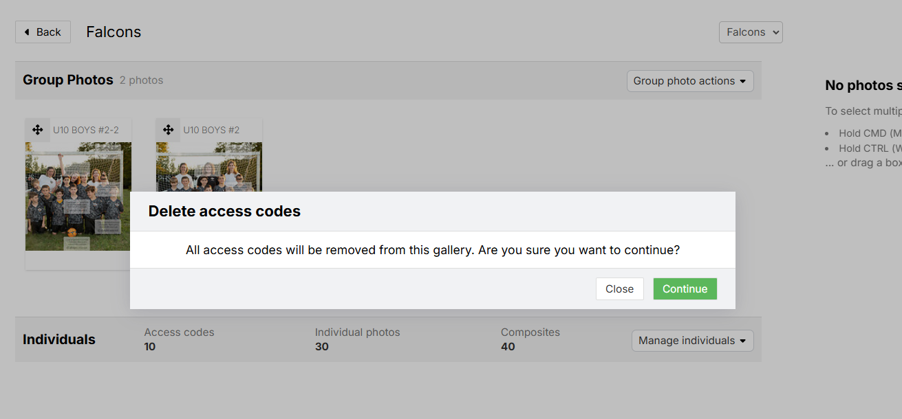 Delete access code confirmation window