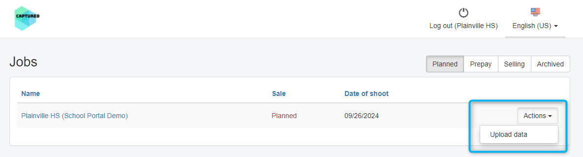 Jobs list with Actions dropdown open and Upload data highlighted.