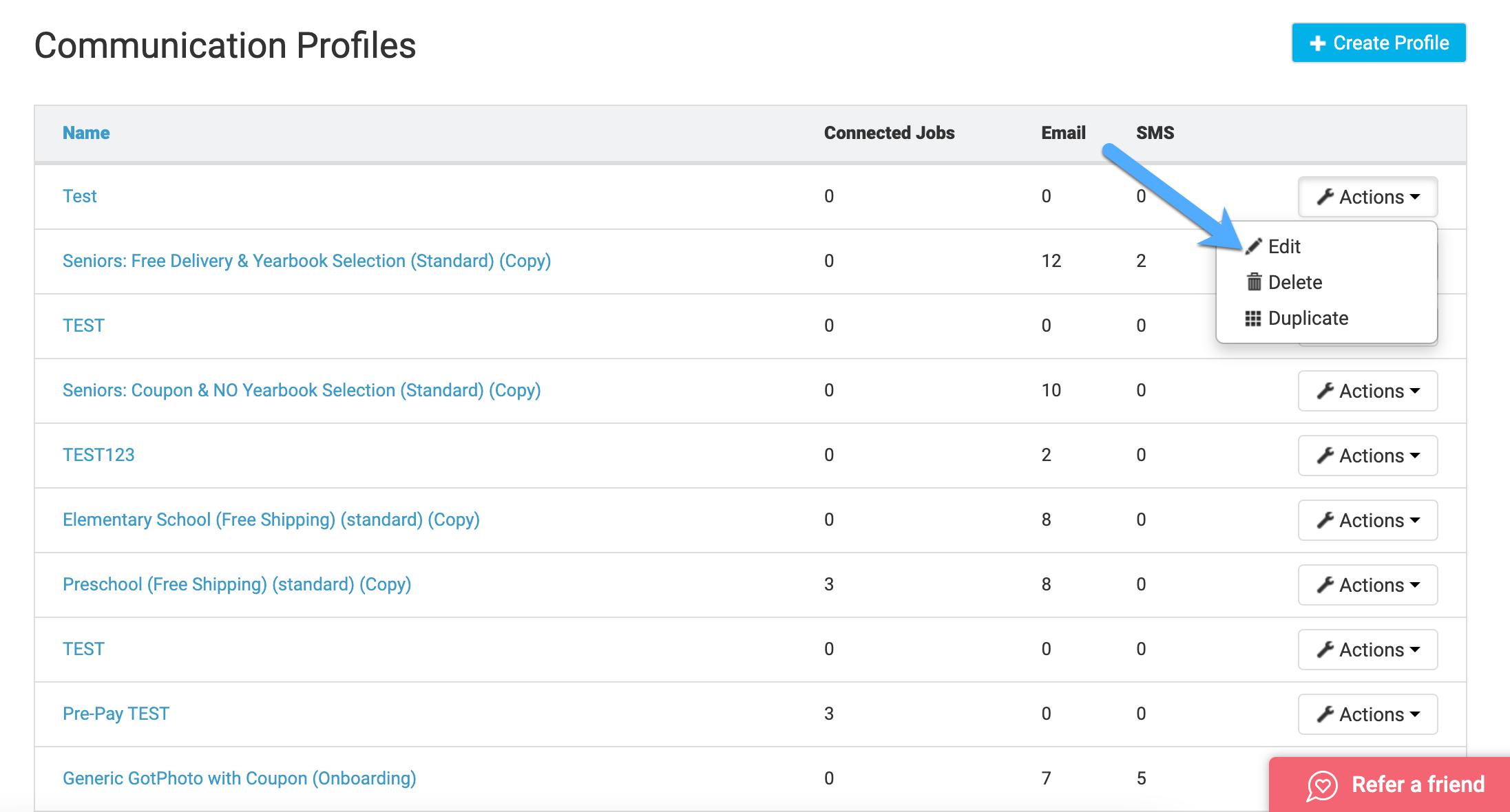 List of your communication profiles ready for editing