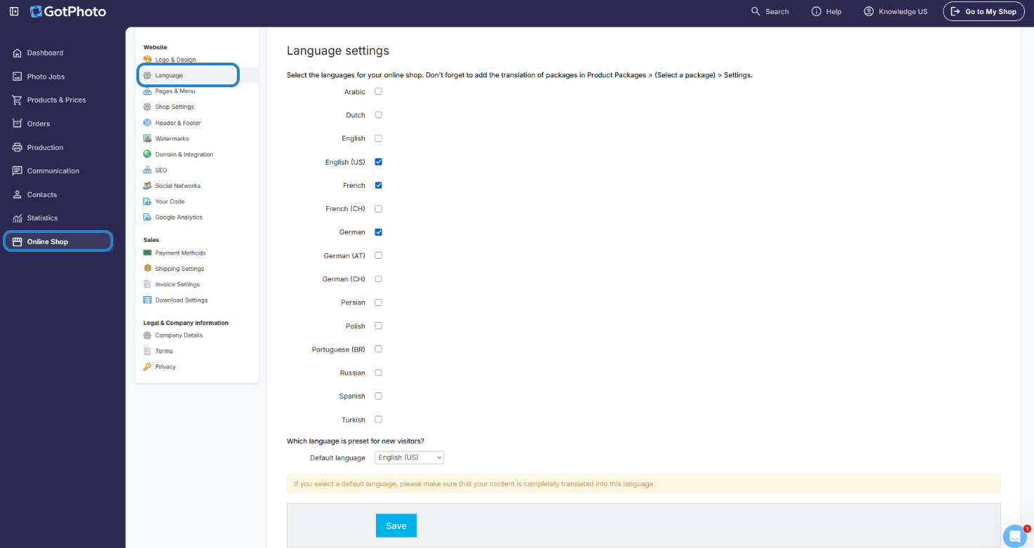Navigation path showing Online Shop and Language settings