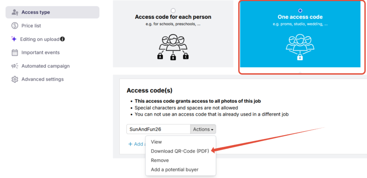 One Access Code settings showing the shared access code and downloadable QR code PDF.
