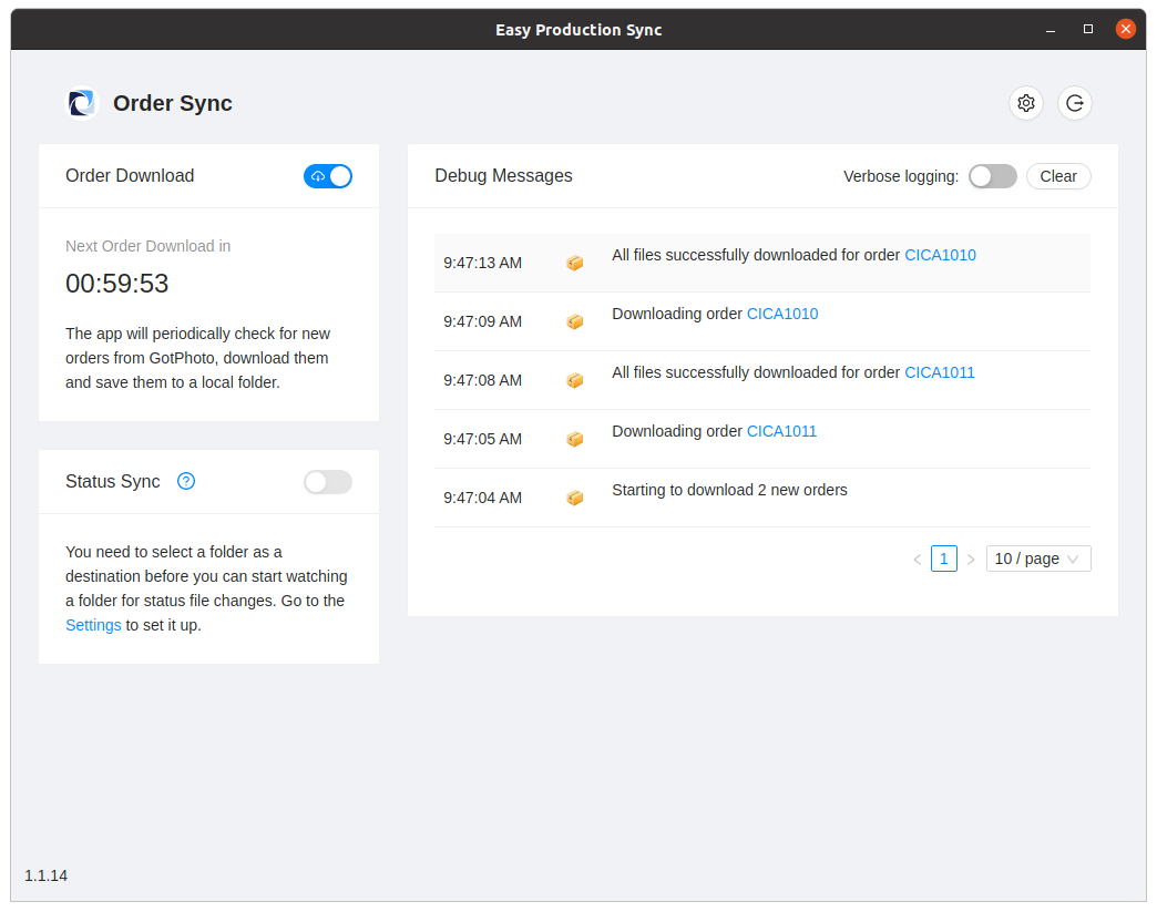 Main screen with order download active