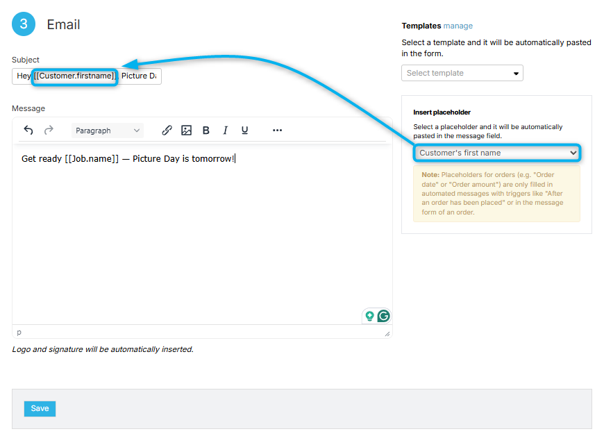 Placeholder insertion in the email editor