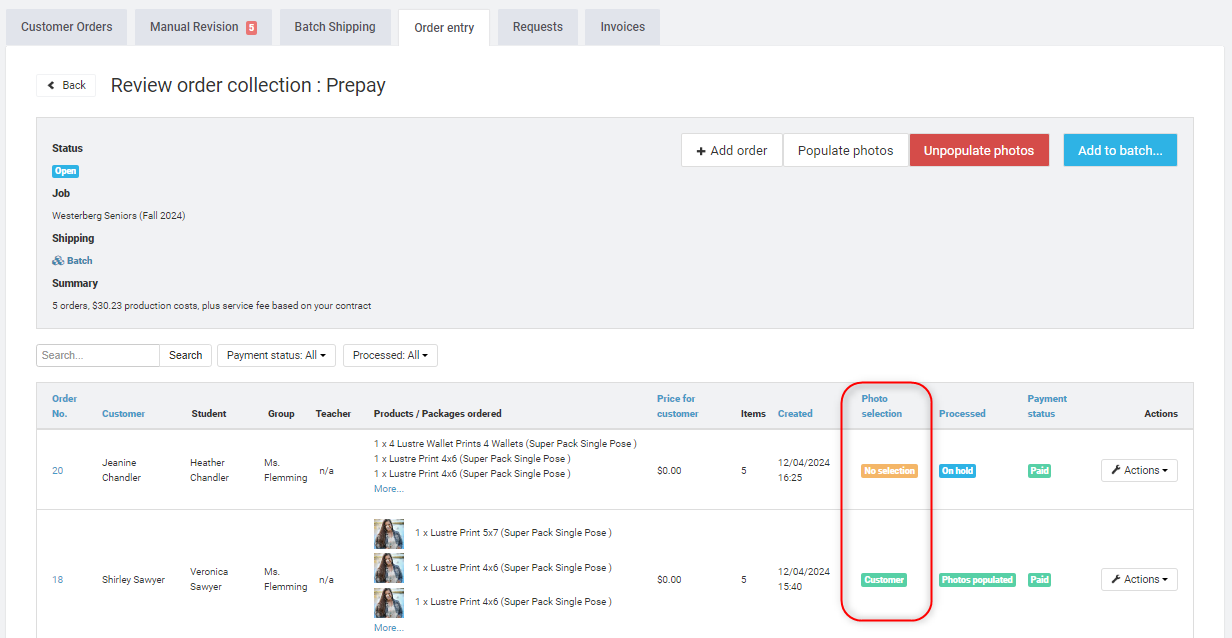 Screenshot of order collector with 'Photo Selection' column.