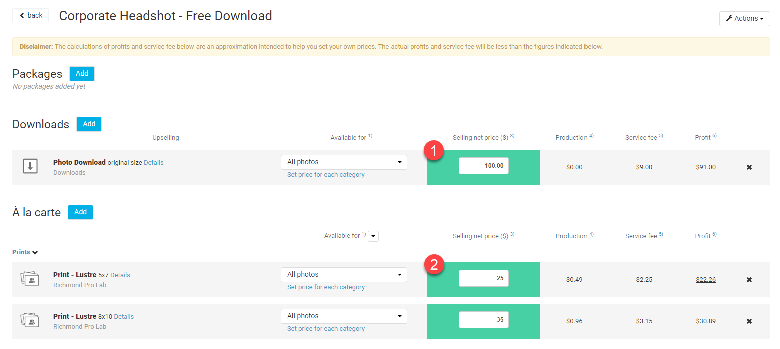 Price profile with additional products
