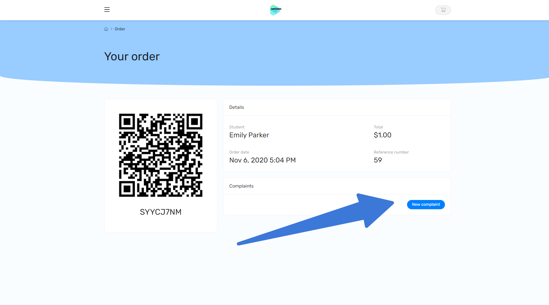 Order details screen with QR code and an arrow pointing to the 'New complaint' button.