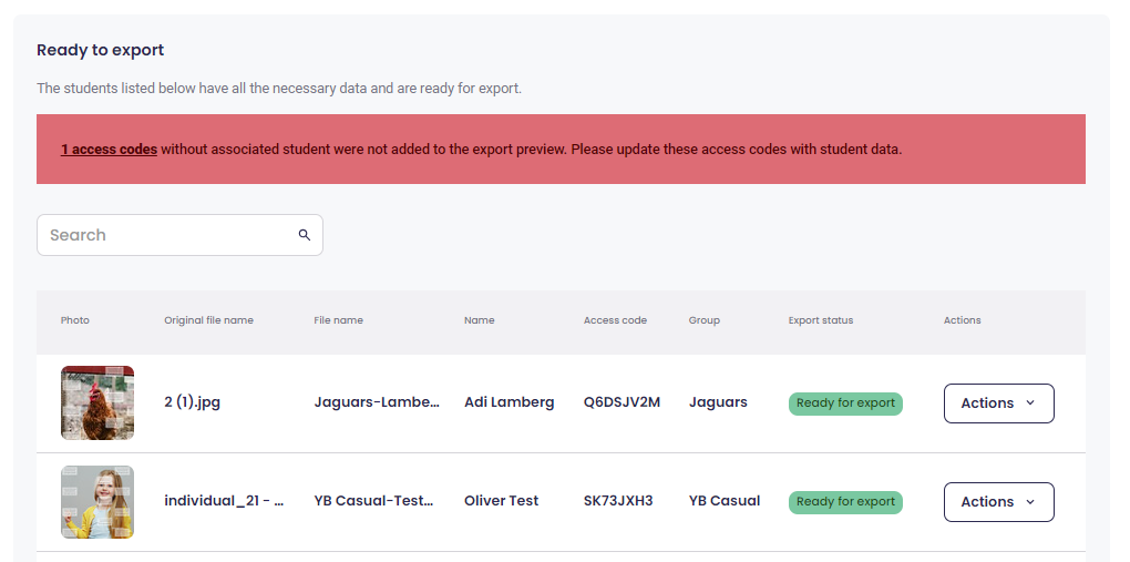 A table showing a list of students ready for export, with options to view their photos or select an alternative.