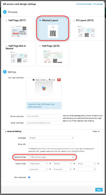Minimal layout and 1 QR card per page option
