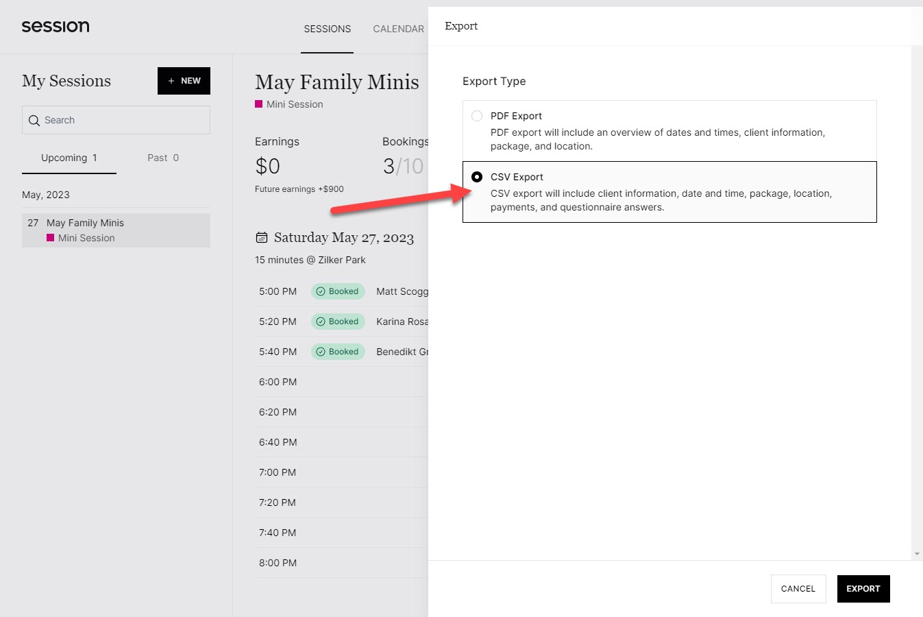CSV export selection dialog in Session
