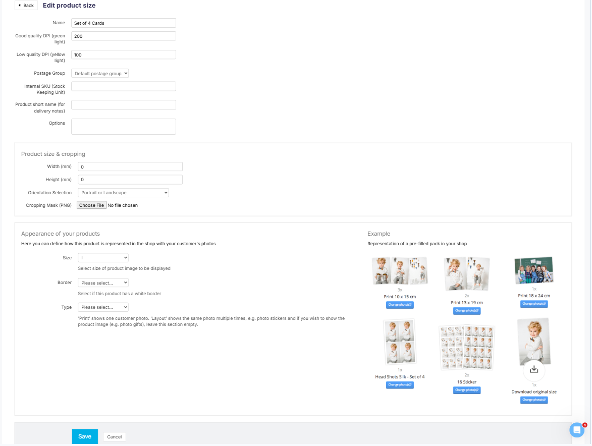 Product size configuration form