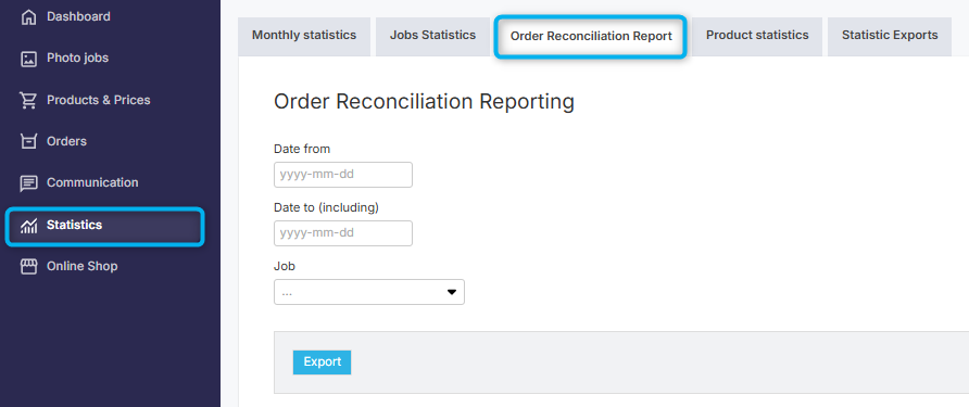 Order reconciliation report interface