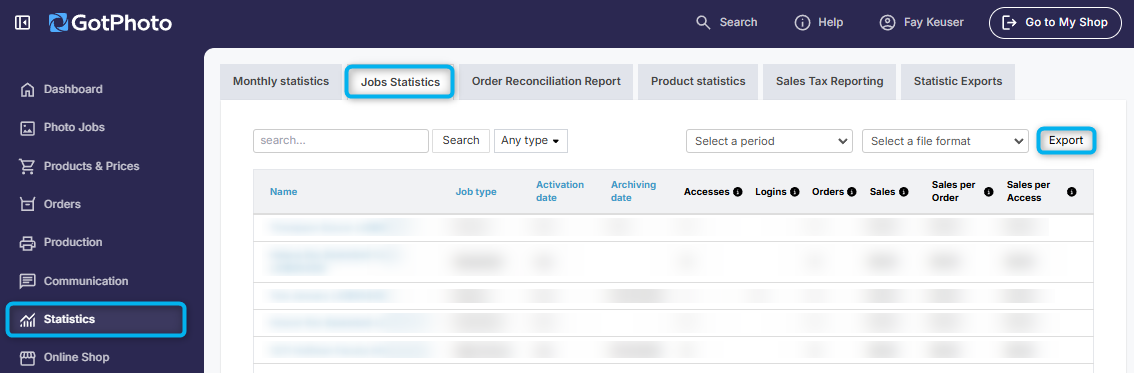 Job statistics export screen