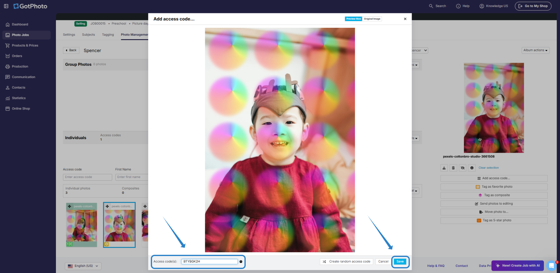 Screenshot showing a pop-up window where access code can be added.