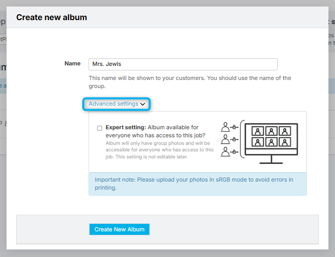 GotPhoto album creation screen with 'Album available for everyone' checkbox highlighted.