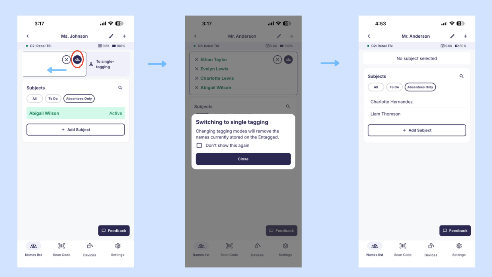 Confirmation dialog for switching from multi-tagging back to single-subject tagging