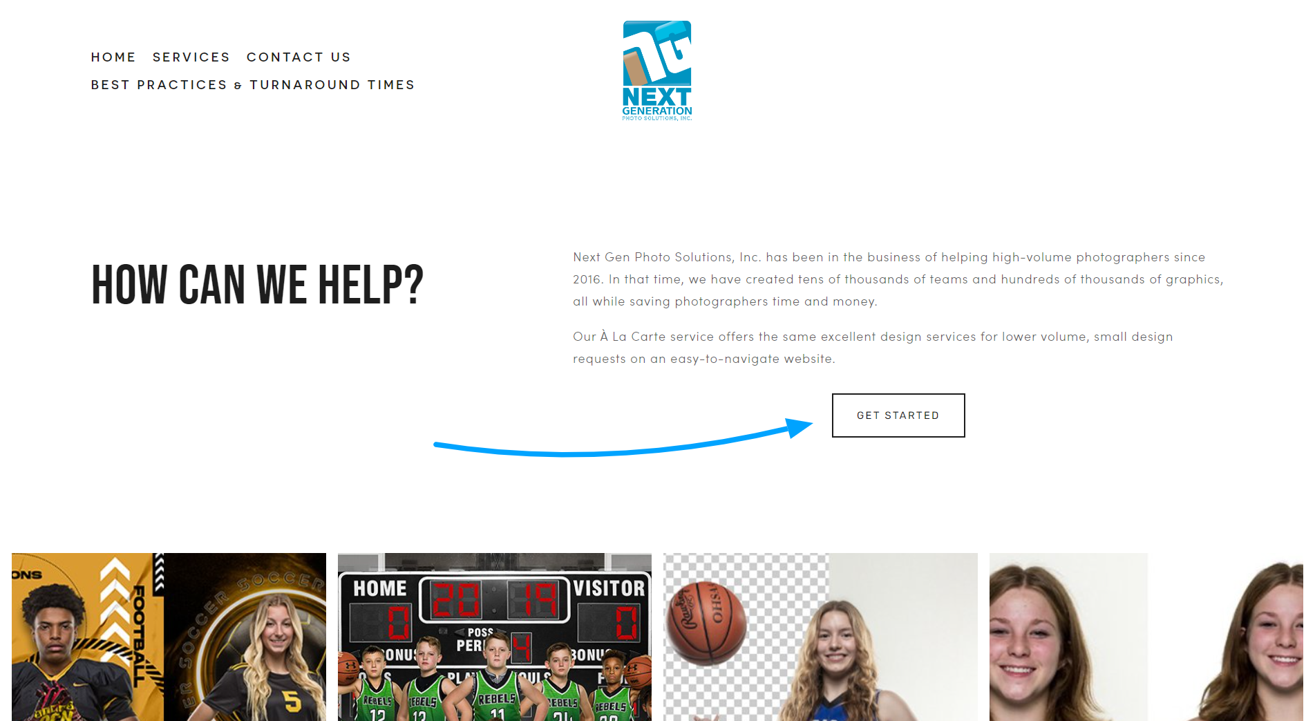 Screenshot of the Next Gen homepage, showing 'Get Started' and 'Sign In' buttons.