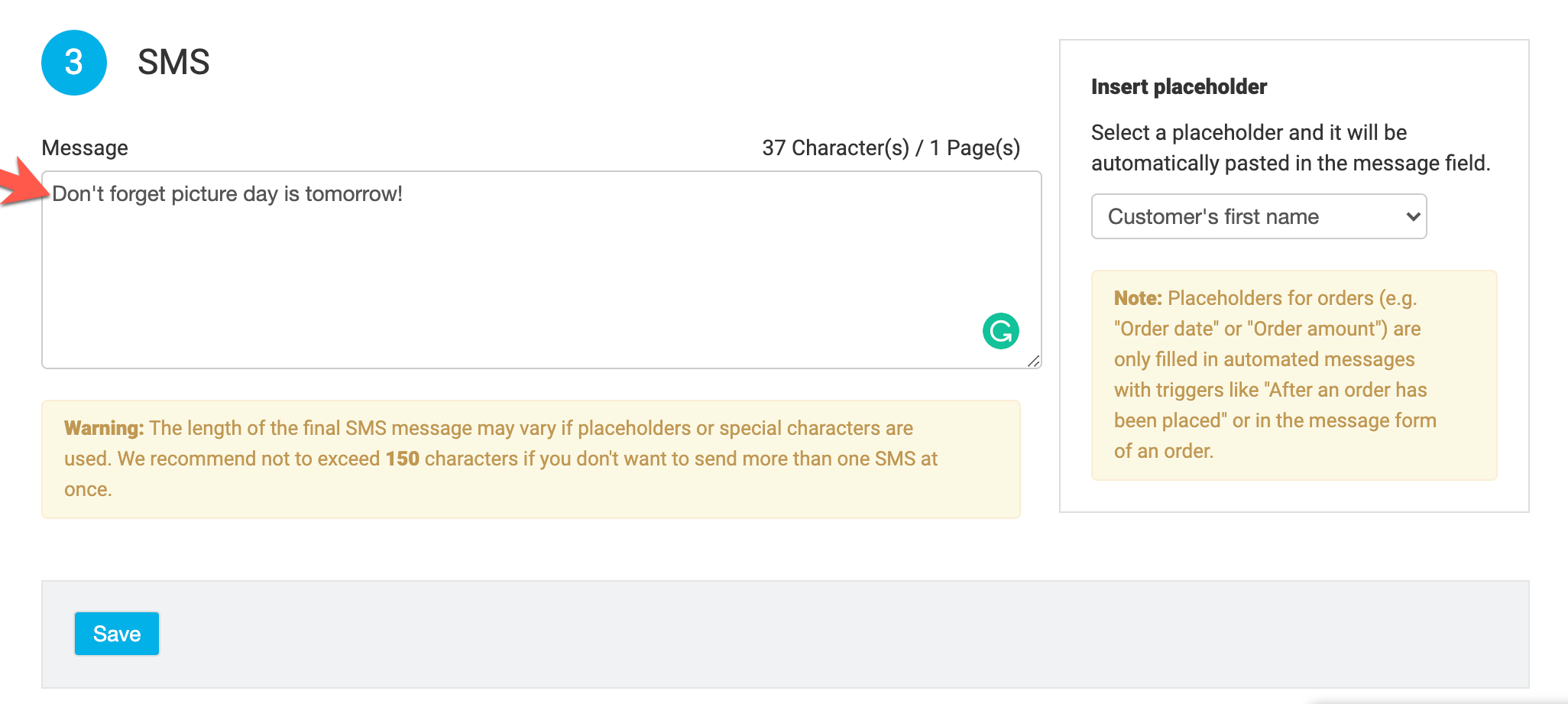 SMS text editor showing character guidance