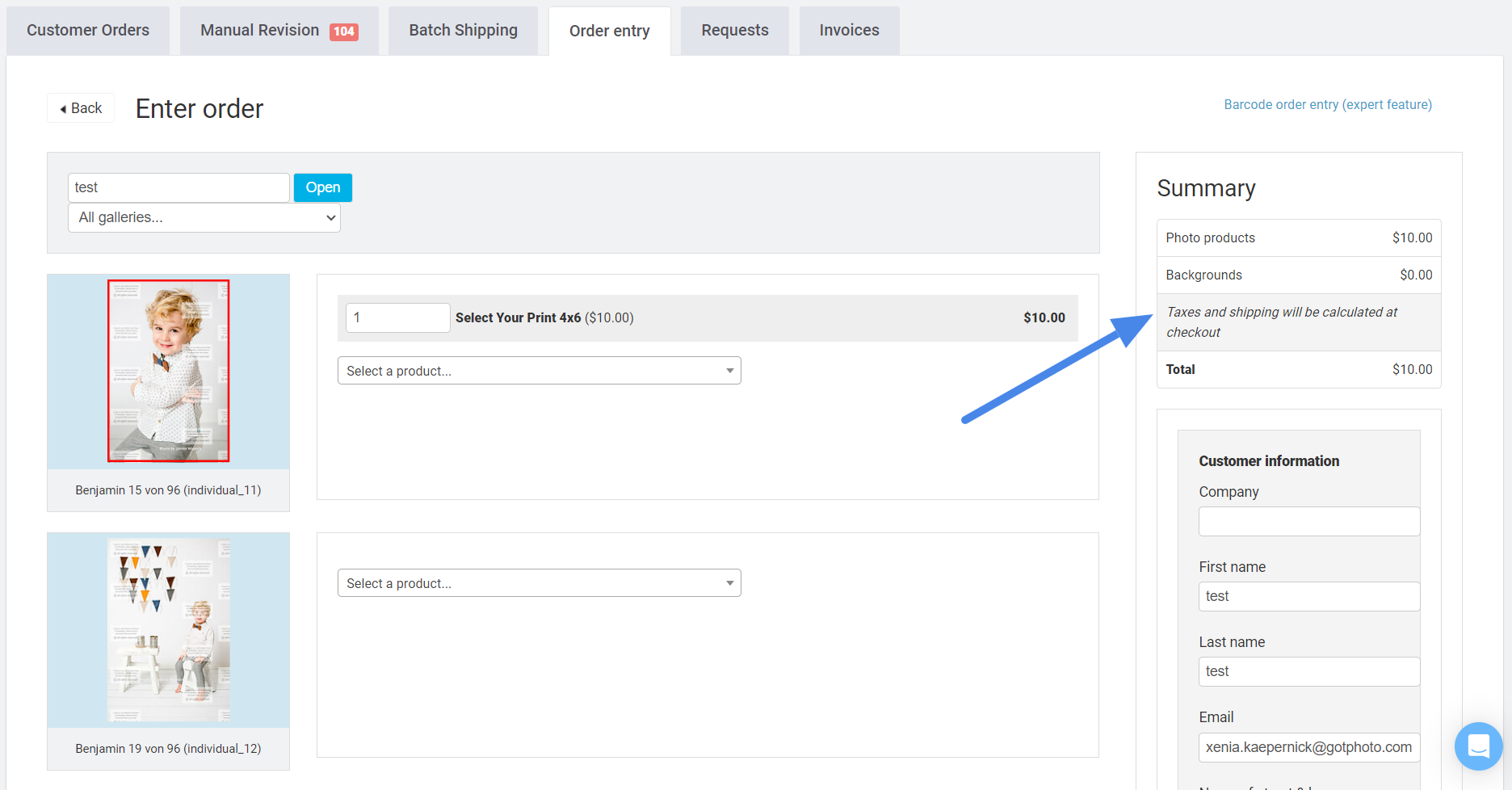 Summary section with calculated tax and shipping