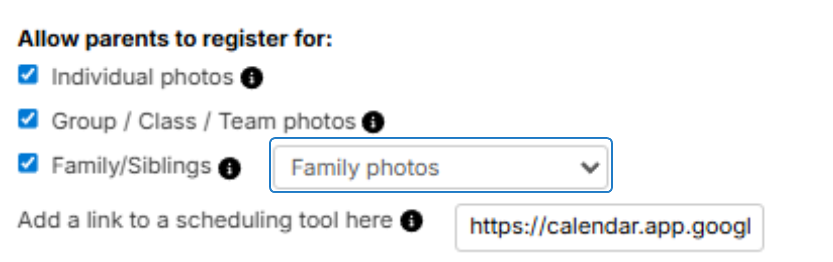 Scheduling tool link option when family photos selected