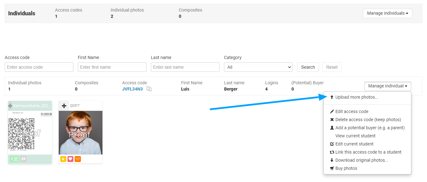 Manage individual dropdown showing option to upload more photos.