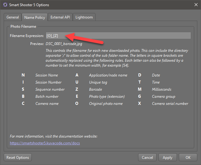 Filename naming expression in Smart Shooter