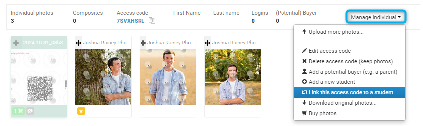 Dropdown with 'Link this access code to a student' selected.
