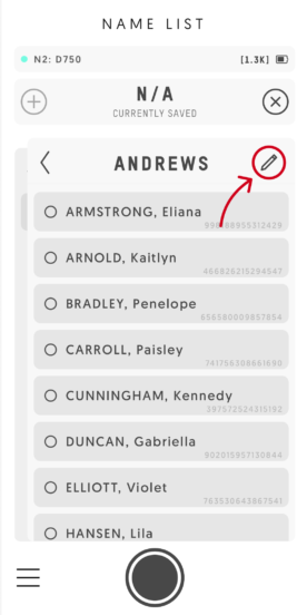 Entagged app screen showing a group list with a pencil icon.