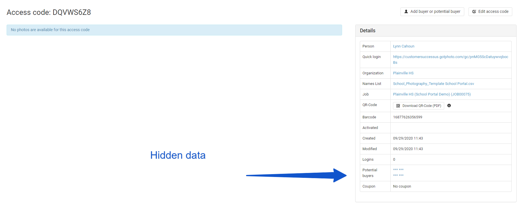 Access code overview with hidden buyer details.