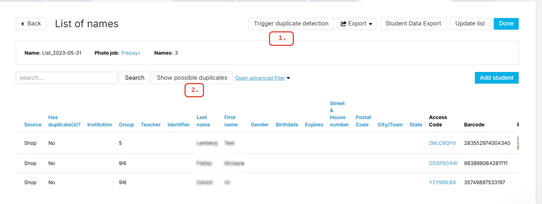 List of names screen showing options for 'Trigger duplicate detection' and 'Show possible duplicates', both highlighted.