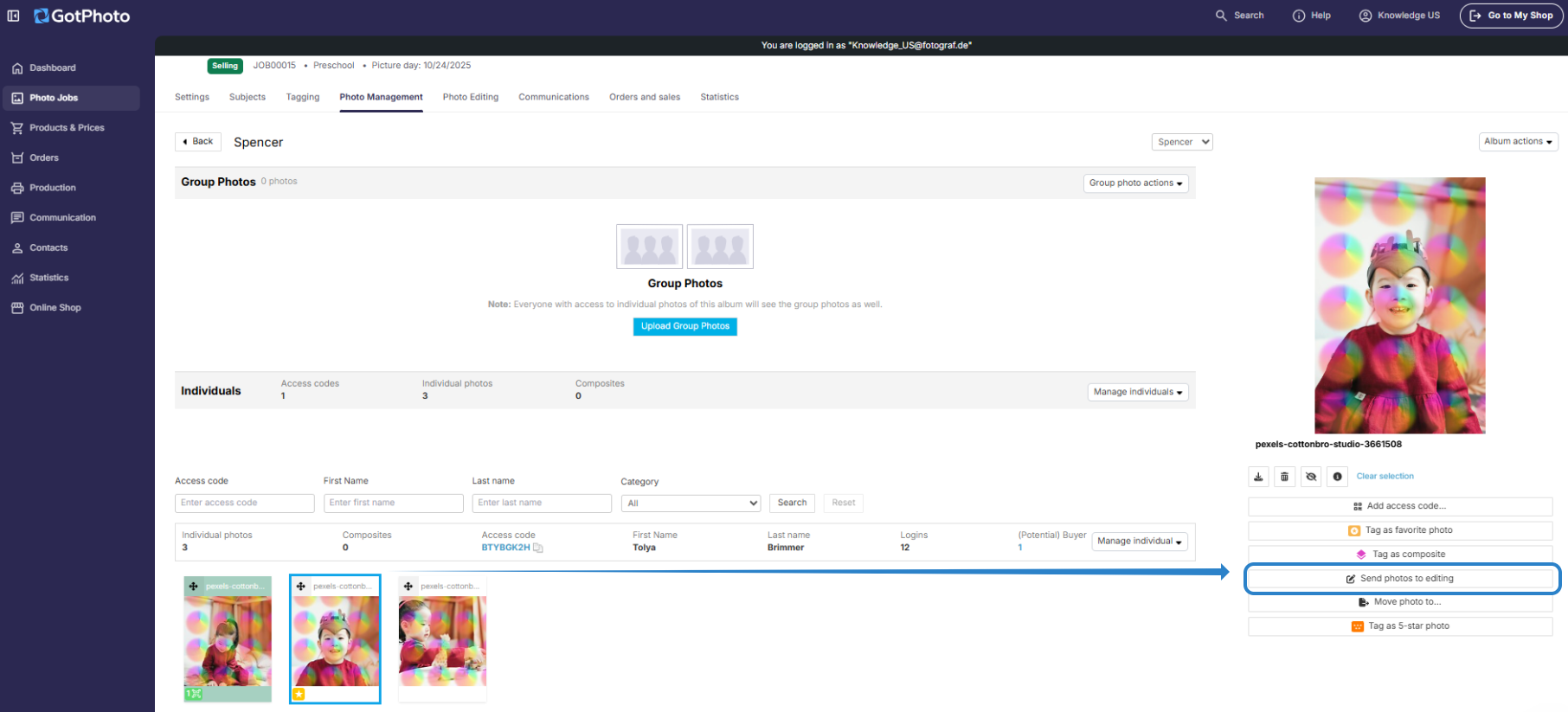 Screenshot showing how to send photos to editing.