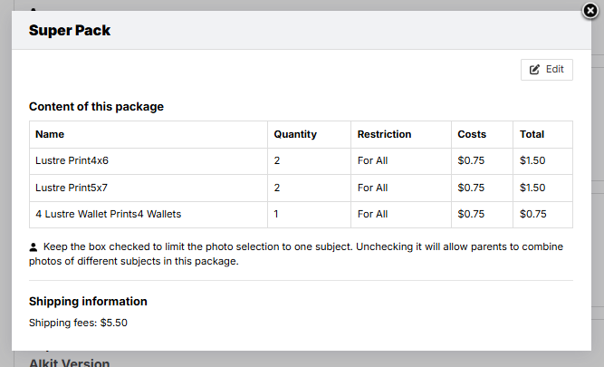 Package details popup with content and restrictions