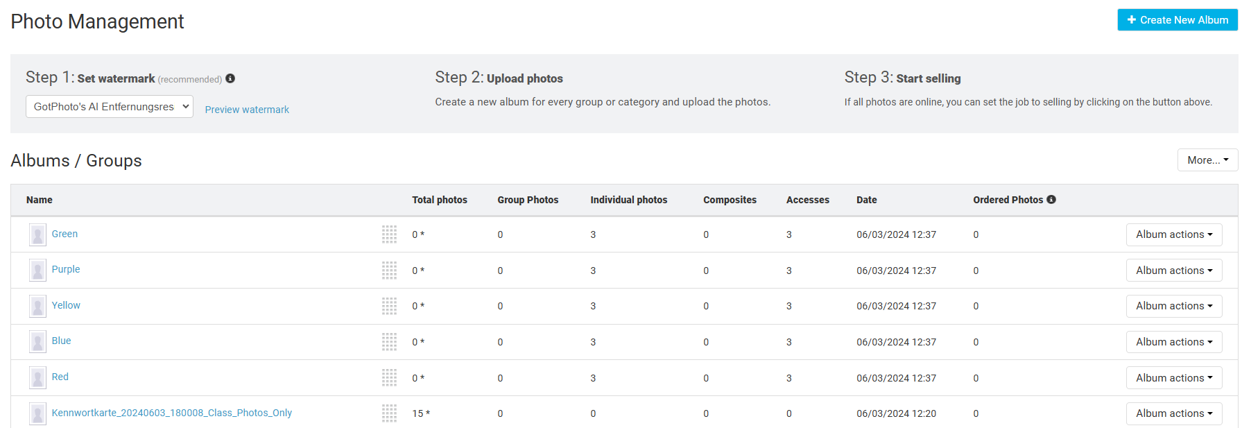 Photo management screen showing watermark setting, upload steps, and a list of albums with photo counts.