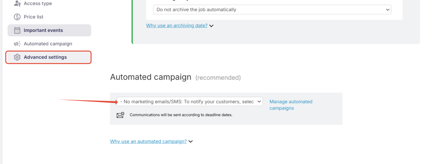 Communication Profile dropdown showing 'No marketing emails/SMS' selected.