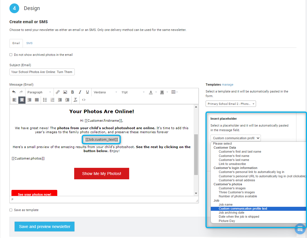 Email editor with [[Job.custom_text]] placeholder and insert field menu open.