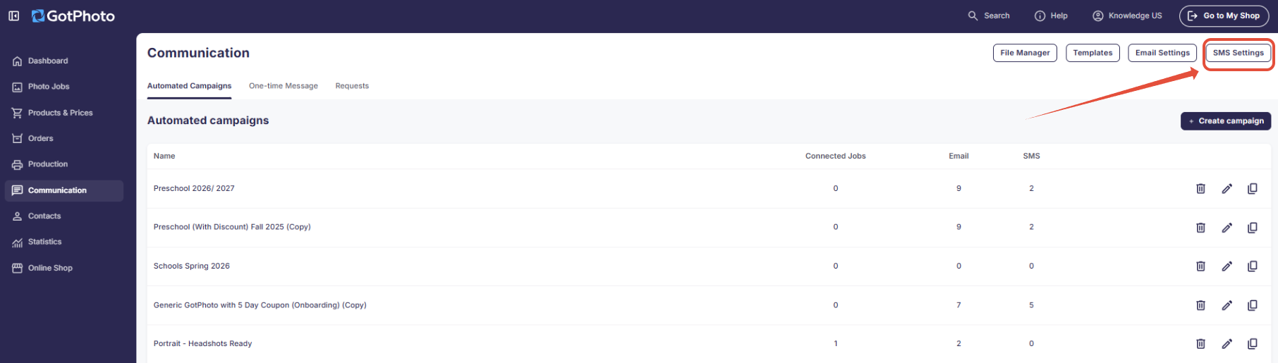 SMS Settings in GotPhoto communication dashboard